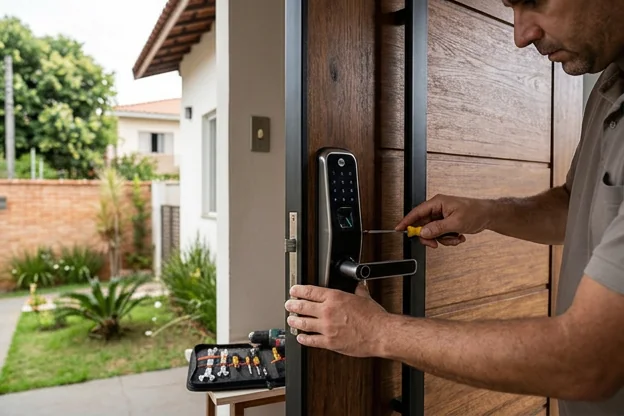 Fechadura digital instalada em uma porta, destacando sua tecnologia em Limeira.